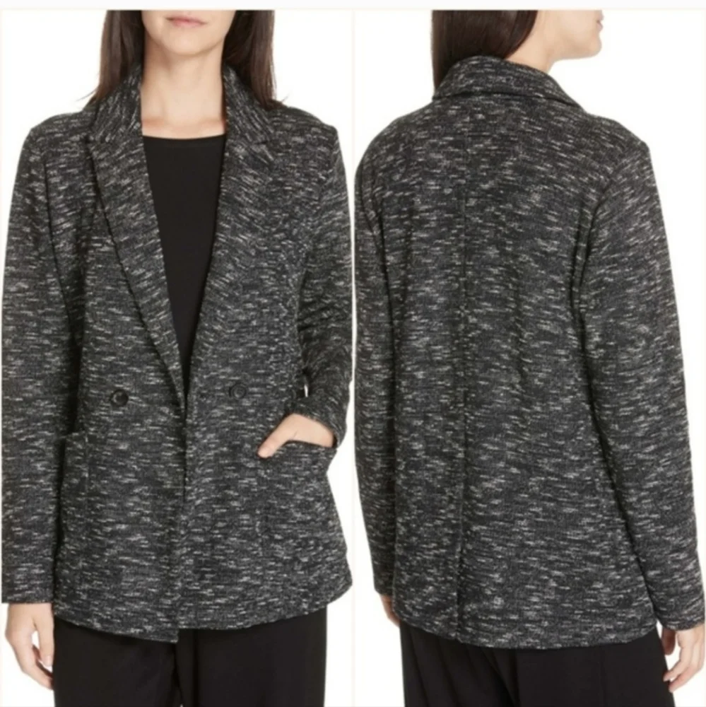 Eileen Fisher Tweedy Black & White Classic Collar Blazer Large - Picture 2 of 7